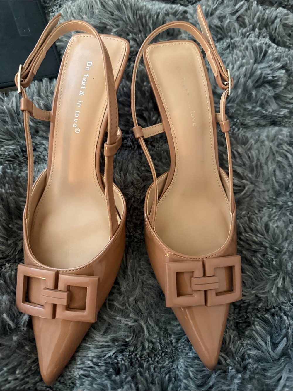 Patent Tan Slingback Pointed-Toe Pumps with Buckle Accent